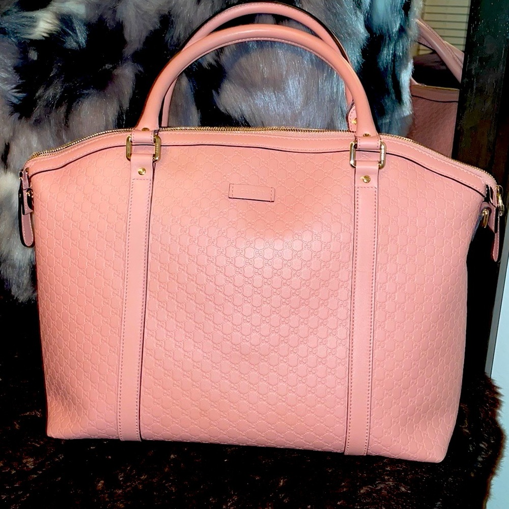Gucci Large Pink Leather Micro Gg Guccissima Satchel Purse